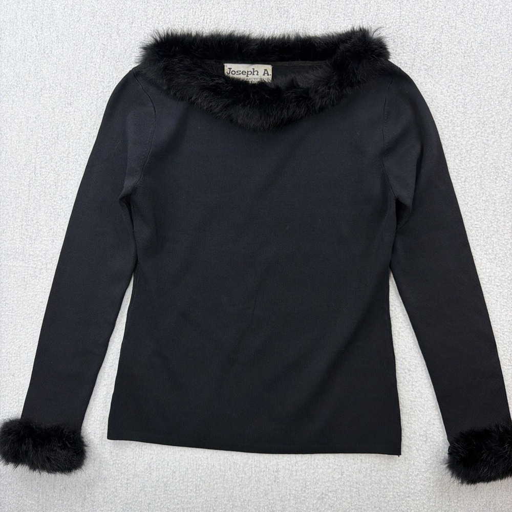Y2k Joseph A Silk Sweater Medium Black Fur Trim Top Art Archival Old Money